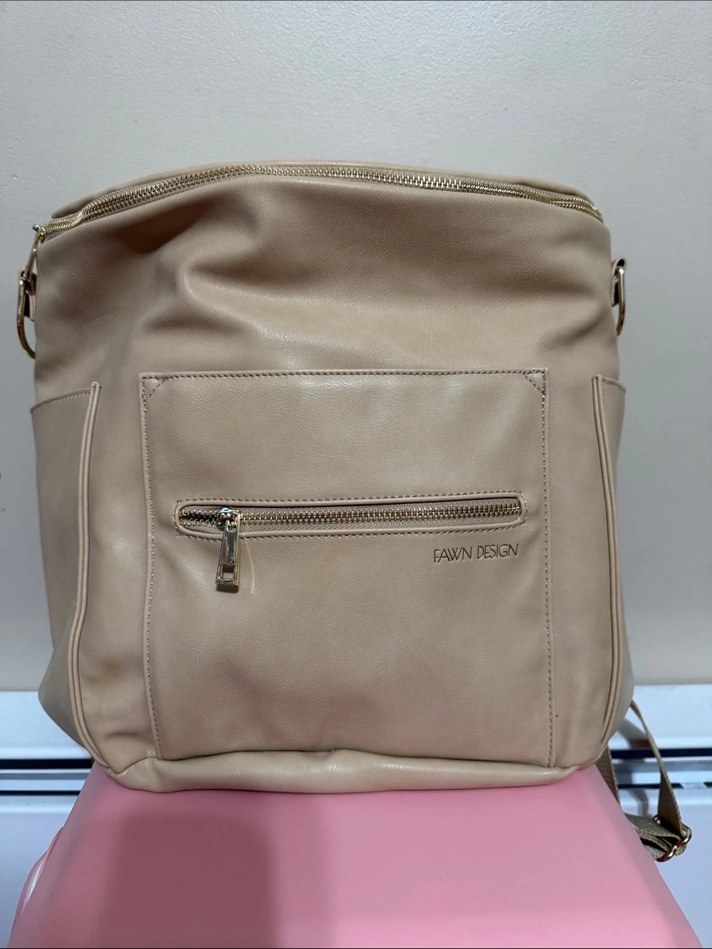 Fawn Design Taupe Leather Backpack Purse with Gold Hardware